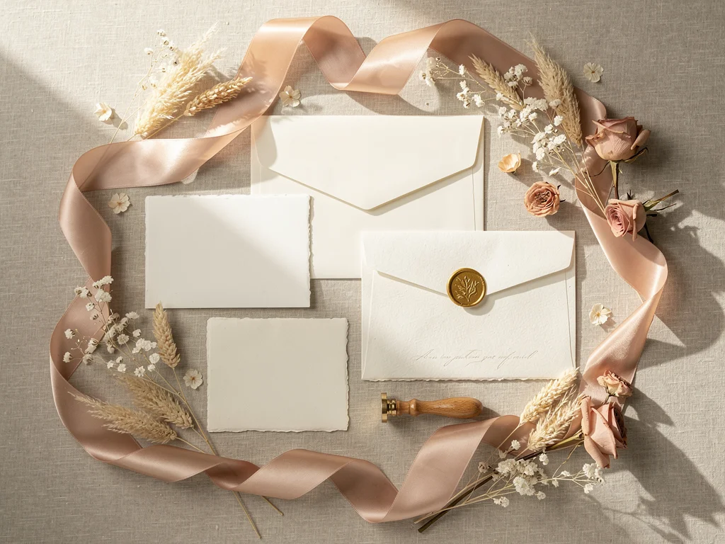 Stylish wedding invitation suite placed on table alongside design samples and planning notes