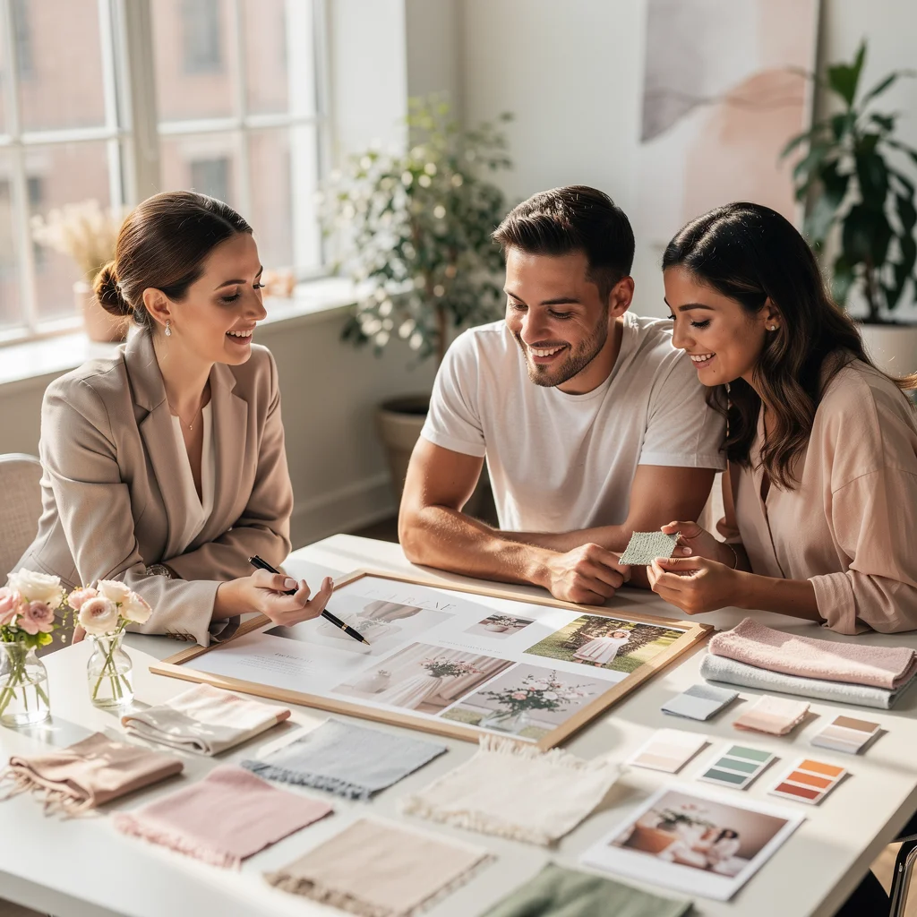 Professional wedding planner consulting with couple over detailed timeline and vendor contracts