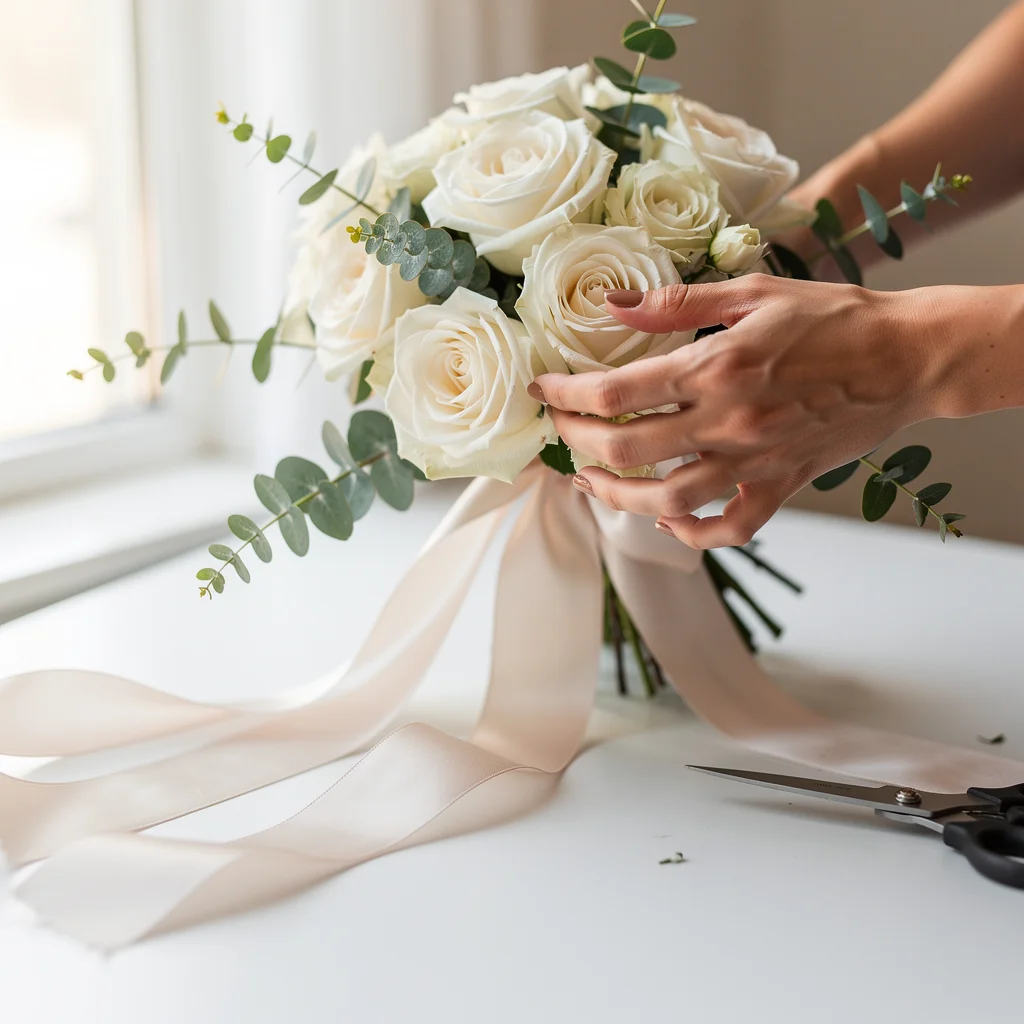 Close-up of hands arranging bridal bouquet highlighting meticulous design and coordination efforts